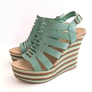 Anna Luz Handmade Platform Wedge Sandals Green leather Stacked Stripe Heel US 10
